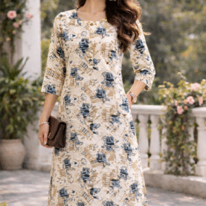 Beige Printed Popcorn Fabric Kurti for Women — Soft Textured Straight Fit