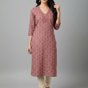 Dusty Rose Printed Cotton Kurti with Side Slit & Pocket