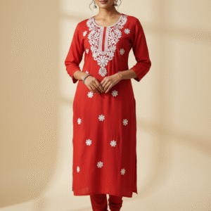 Premium Red Embroidery Kurti  With Classic Elegant Straight Fit
