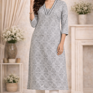 Grey Ethnic Printed Kurti with Pocket