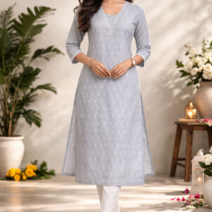 Elegant Mist Grey Lace Detailed Kurti