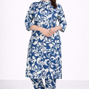 Blue & White Floral Printed Kurta Co ord Set for Women