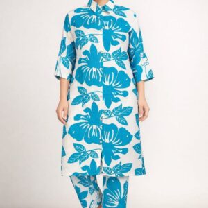 Blue Floral Printed Co Ord Set with Long Kurti & Pants