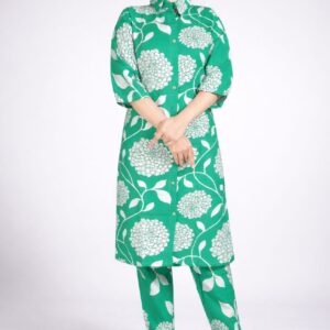 Green Floral Printed Co Ord Set with Shirt Collar Kurta & Pants