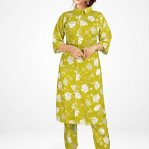 Mustard Yellow Floral Printed Co Ord Set with Shirt Collar Kurta & Pants