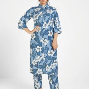 Blue Floral Printed Co Ord Set with Shirt Collar Kurta & Pants
