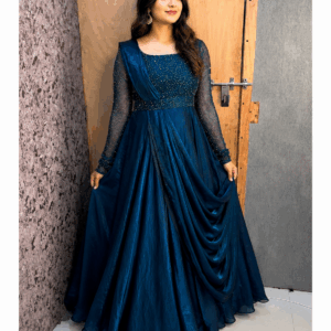 Modern Ethnic Gown with Full Sleeves and Sculpted Drape Detail