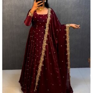 Elegant Full Sleeve Flared Gown with Embellished Dupatta Set