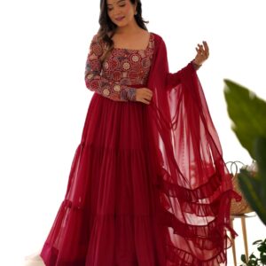 Contemporary Ethnic Dress with Tiered Flow & Dupatta