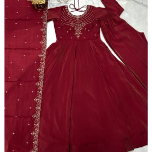 Embroidered Yoke Anarkali Set with Pant & Dupatta