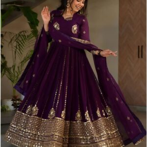 Regal Flow Gown with Three Quarter Sleeves and Designer Dupatta Accent