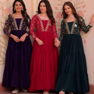 Couture Style Full Sleeve Gown with Intricate Neck Embroidery