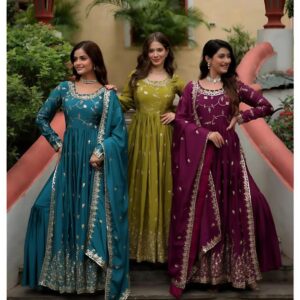 Women's Wine Embroidered Kurta Set with Dupatta & Palazzo | Festive Wear Ethnic Set
