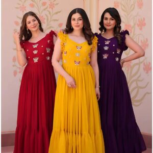 Party Wear Ruffle Sleeve Gown with Statement Embellishments