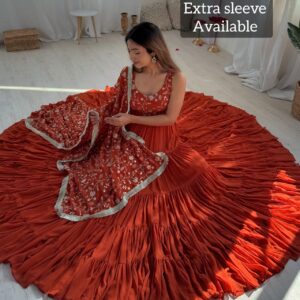 Graceful Long Gown with Embroidered Top and Layered Bottom