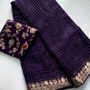 Checked Pattern Saree with Designer Floral Blouse & Zari Border