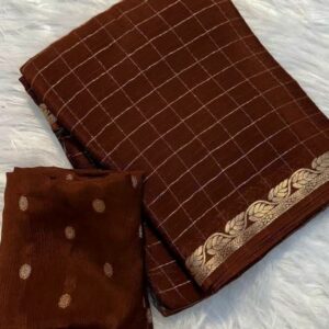 Women Brown Saree with Grid Pattern, Zari Border and Matching Blouse Piece