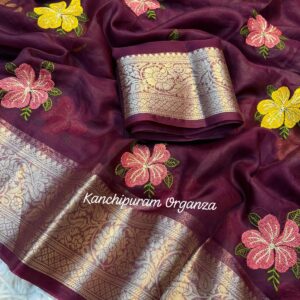Designer Organza Saree with Embroidered Flower Work & Traditional Border | Blouse Included