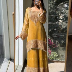 Women’s Regal Yoke Embellished Kurta with Textured Sharara