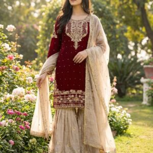 Women’s Mughal Inspired Zari Embellished Kurta with Pleated Sharara