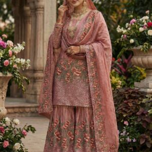 Elegant Floral Story Kurta with Shimmer Base Sharara Set