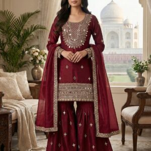 Women's Regal Kurta Sharara Set with Statement Embroidery & Dupatta