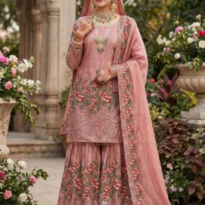 Ethnic Heavy Floral Embroidery Kurta with Flared Sharara Set