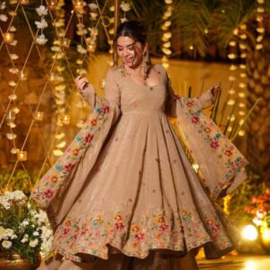 Women’s Festive Flared Anarkali Style Kurta with Floral Border Sharara