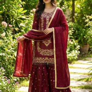 Designer Thread & Zari Embellished Kurta Sharara Suit