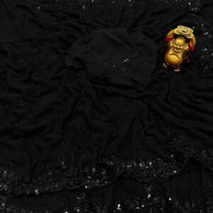 Elegant Black Net Saree with Intricate Embroidery & Scallop Border