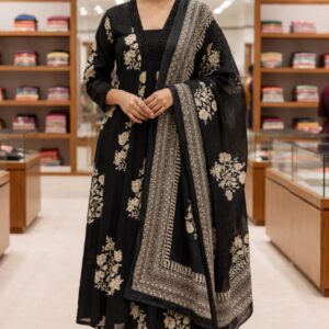 Black Floral Printed Kurta Set with Flared Palazzo & Dupatta