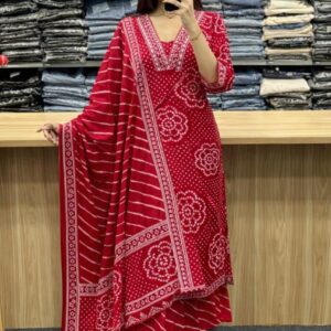 Women Red Printed Kurta with Palazzo & Dupatta