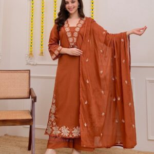 Women’s Embroidered Kurta Set with Straight Pant & Designer Dupatta