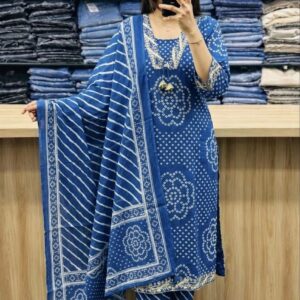 Blue Printed Kurta Set with Straight Fit Bottom & Traditional Dupatta