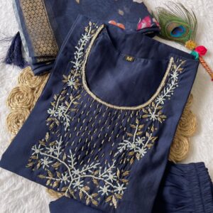 Women Floral Embroidered Kurta Set with Pant & Dupatta – Navy Blue Ethnic Wear