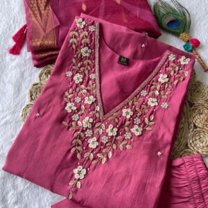 Women Floral Embroidered Kurta Set with Pant & Dupatta – Pink Ethnic Wear