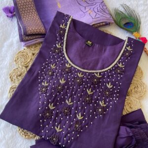 Women’s Deep Purple Embroidered Straight Kurta Set with Dupatta