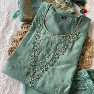 Women’s Embroidered Cotton Blend Straight Kurta Set with Dupatta – Sea Green
