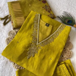 Women’s Mustard Gold Zari Embroidered Kurta Pant Set with Dupatta | Ethnic Wear