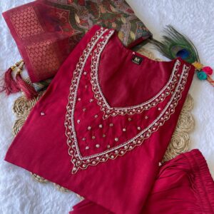 Women’s Rani Pink Mirror & Pearl Embroidered Kurta Pant Set with Dupatta | Ethnic Wear