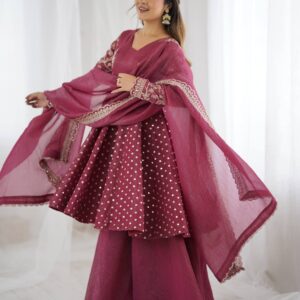 Women Polka Dot Flared Kurta Palazzo Set with Dupatta