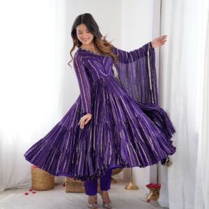Women Striped Flared Anarkali Kurta Set with Dupatta