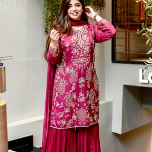 Women Festive Wear Straight Kurta Palazzo Dupatta Set