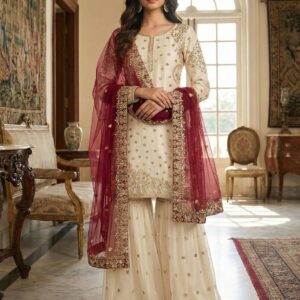 Women Embroidered Straight Kurta Sharara Set with Net Dupatta