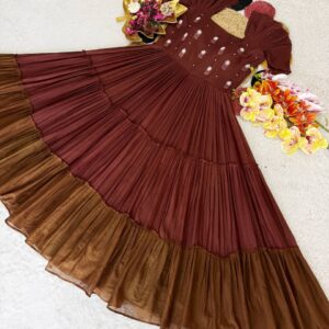 Women’s Cocoa Brown Embroidered Fit & Flare Maxi Frock Dress