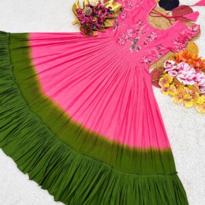 Girls Floral Embroidery Party Wear Anarkali Dress with Gathered Pattern and Short Puff Sleeves