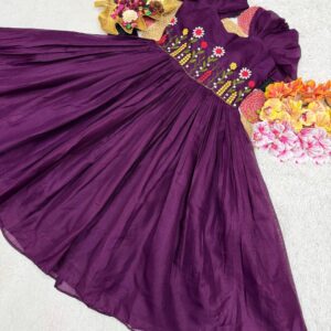 Girls Traditional Tread Embroidered Ethnic Frock with Gathered Sleeves