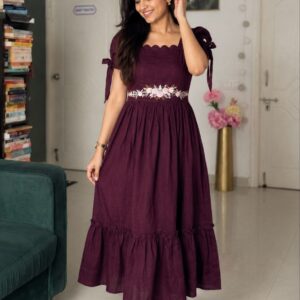 Floral Embroidered Waist Cotton Maxi Dress with Sweetheart Neck &Puff Tie Up Sleeves