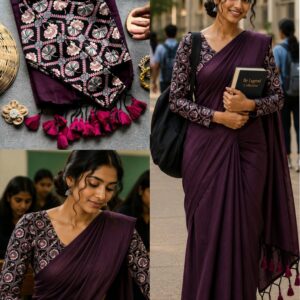 Stylish Pure Khadi Cotton Blouse with Tassel Pallu and Stretchy Lycra