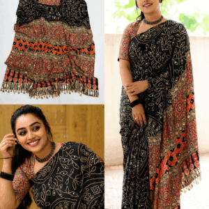 Celebrity Style Pure Ajrakh Satin Viscose Silk Saree with Designer Tassel Pallu – Premium Ethnic Wear | Elegant Ethnic Collection